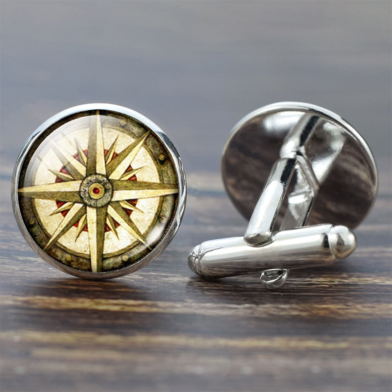 Compass Cuff Links Vintage Compass Clock Sailboat Pattern Alloy Cuff Links for Men Gift Glass Cabochon (It&#39;s Not A Real Compass)