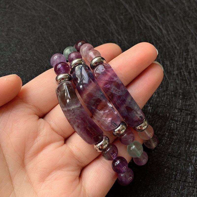 Natural Stone Strand Beads Bracelet Reiki Healing Amethysts Purple Green Fluorite Quartz Crystal Rectangle Bar Charms Bracelets