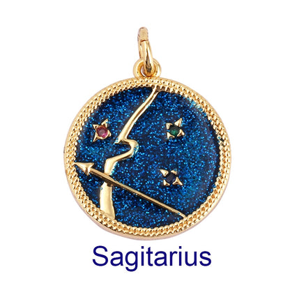 Zodiac Horoscope Sign Medallion Pendant Real 18K Gold Plated Sparkle Astro Coin for Necklace Bracelet Jewelry Making Supply