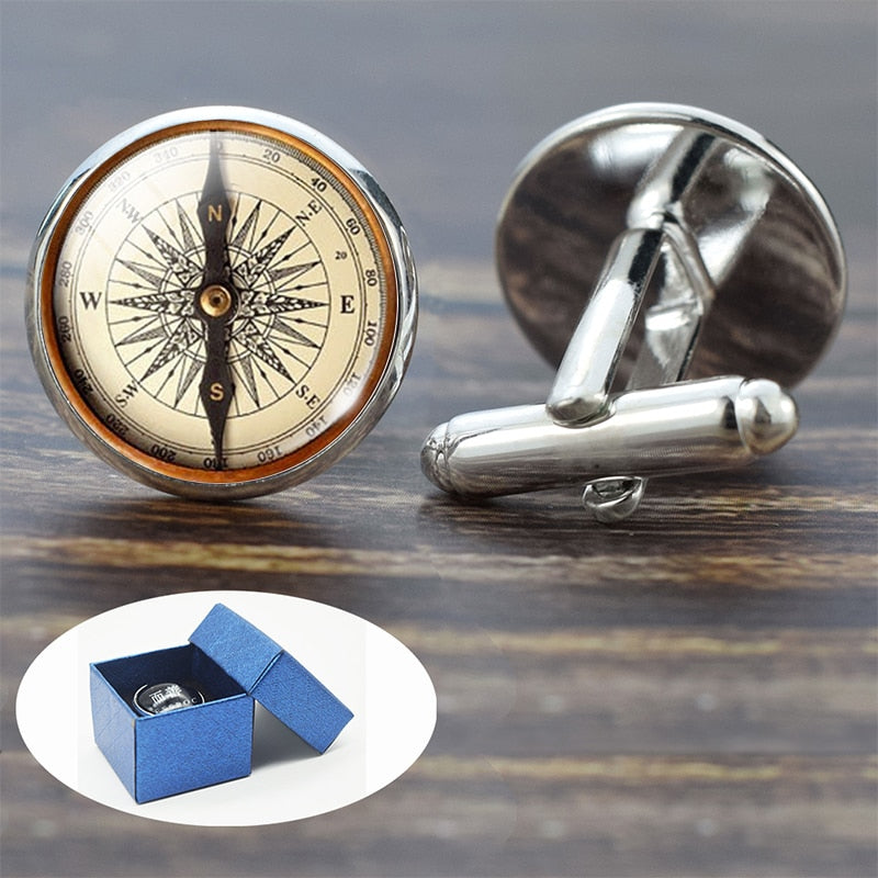 Compass Cuff Links Vintage Compass Clock Sailboat Pattern Alloy Cuff Links for Men Gift Glass Cabochon (It&#39;s Not A Real Compass)