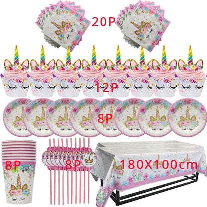 Unicorn Party 3-tier Cup Cake Stand Paper Plates Cups Balloon Birthday Party Decoration Kids Unicornio Party Girls Baby Shower