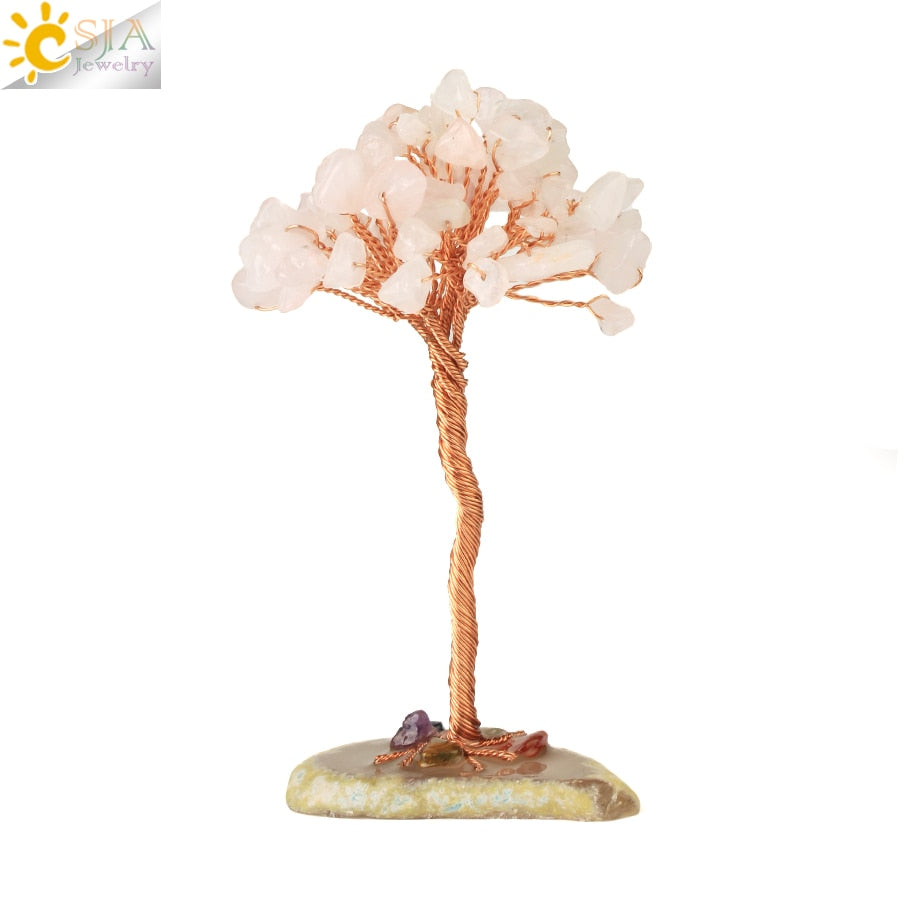 CSJA 7 Chakras Tree of Life Decoration Rose Natural Chip Crystal Handmade Healing Luck Money Trees Feng Shui Home Office  G822