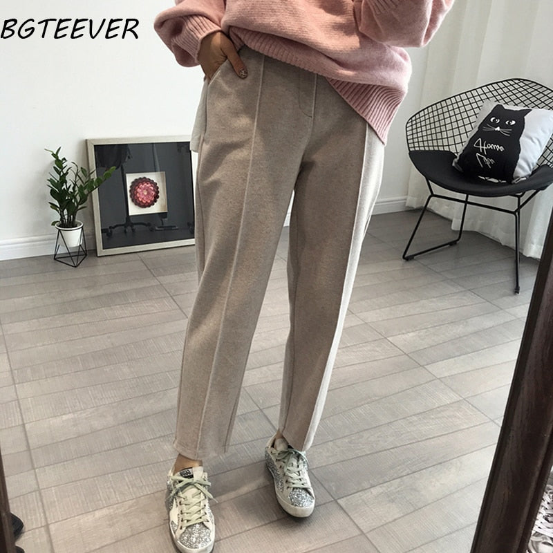 BGTEEVER Winter Thicken Women Pencil Pants Wool Pants Female Autumn High Waist Loose Trousers Capris Soft Good Fabric