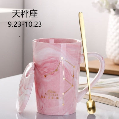 Natural Marble 12 Constellation Ceramic Pink Zodiac Mug With Lid Coffee Mugs Creative Personality Cup 380ml Cups And Mugs Xicara