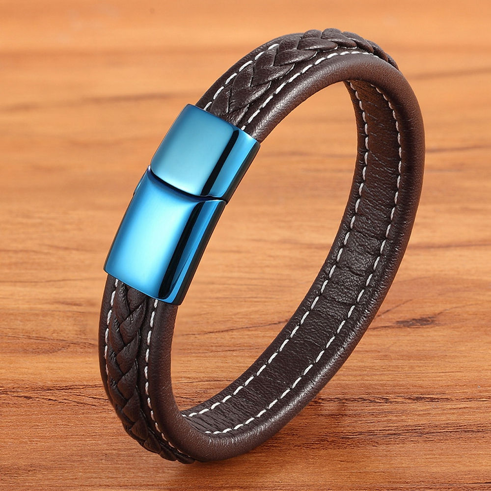 XQNI Classic Luxury Blue Color Leather Combination Stitching Blue Color Simple Buckle For Stainless Steel Leather Men&#39;s Bracelet