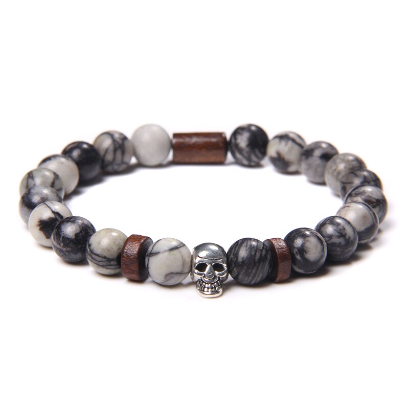 Skull Bracelets For Men Women Natural Stone Tiger Eye Bracelet Malachite Labradorite 8MM Beads Stretch Bangles Punk Jewelry