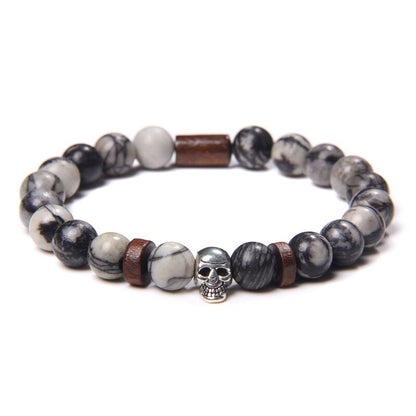 Skull Bracelets For Men Women Natural Stone Tiger Eye Bracelet Malachite Labradorite 8MM Beads Stretch Bangles Punk Jewelry