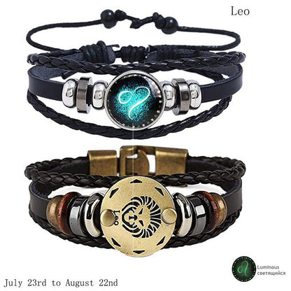 2pcs 12 Constellation Bracelet Zodiac Sign Black Braided Leather Bangle Aries Leo Libra Luminous Dome Jewelry Punk Men Bracelet