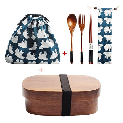 Wooden Lunch Box Picnic  Japanese Bento Box for School Kids Dinnerware Set with Bag&amp;Spoon Fork Chopsticks Round Square Lunch Box