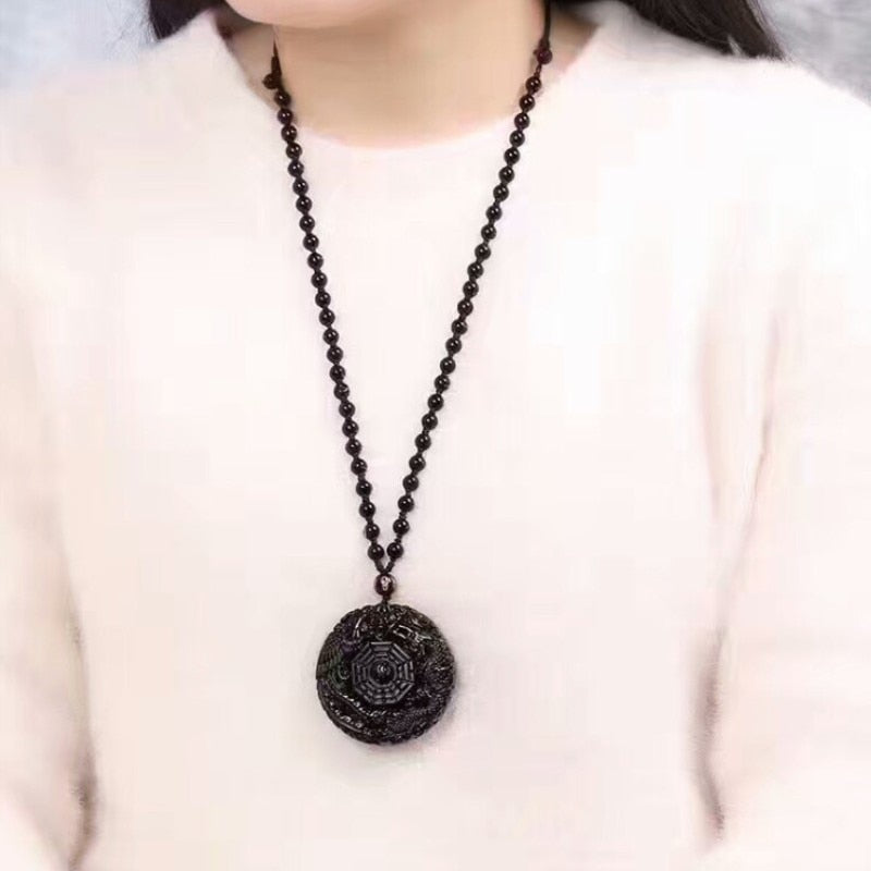 Natural Black Obsidian Stone Hand Carved Chinese Dragon Phoenix BaGua Lucky Amulet Peace Mascot Pendant Necklace for Women Man