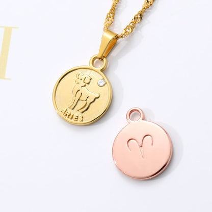 Round Coin Pendant Zodiac Sign Stainless Steel Minimalism Jewelry For Women Girl Aquarius Pisces Sagittarius Necklaces BFF