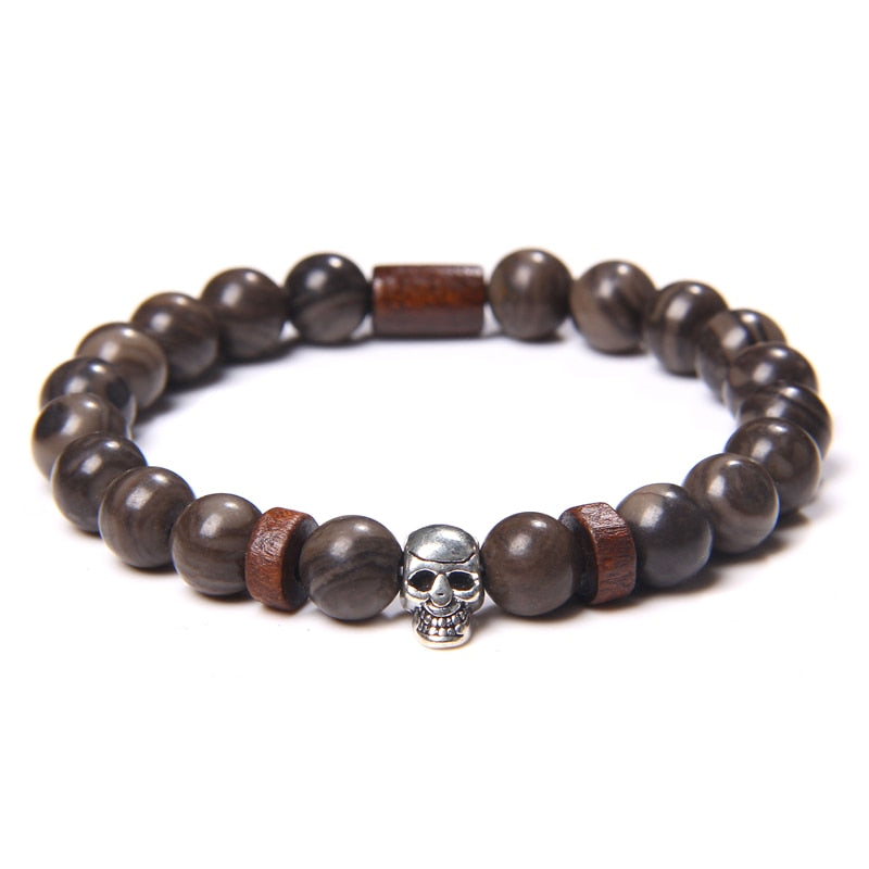 Skull Bracelets For Men Women Natural Stone Tiger Eye Bracelet Malachite Labradorite 8MM Beads Stretch Bangles Punk Jewelry