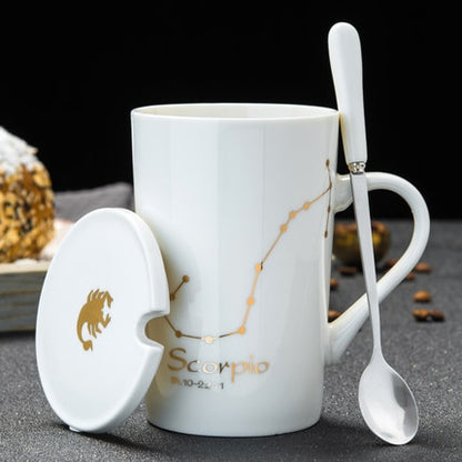 Ceramic Mugs 12 Constellations Creative Mugs With Spoon Lid Black Mug Porcelain Zodiac Milk Coffee Cup Drinkware Couples Gift