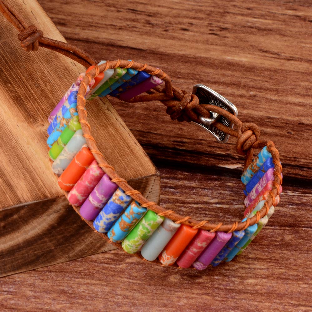 7 MultiColor Chakra Natural Stone Bracelet Bohemia Handmade Tube Beads Genuine Leather Wrap Bracelet Yoga Bracelets For Woman