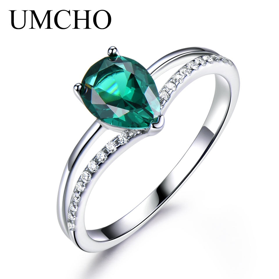 UMCHO Green Emerald Gemstone Rings for Women 925 Sterling Silver Jewelry Romantic Classic Water Drop Ring Valentine's Day Gift