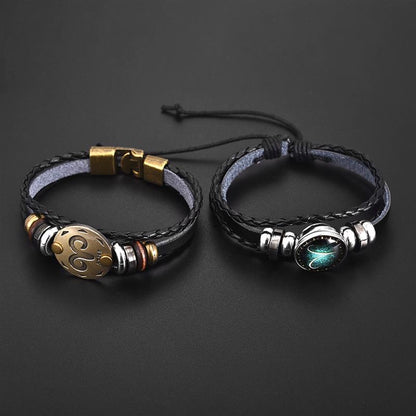 2pcs 12 Constellation Bracelet Zodiac Sign Black Braided Leather Bangle Aries Leo Libra Luminous Dome Jewelry Punk Men Bracelet