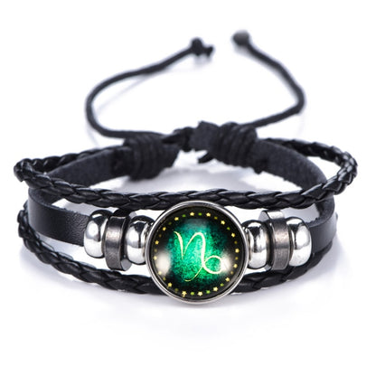 DropShipping Gemini Cancer Leo Virgo Libra Scorpio 12 Constellation Black punk Leather Bracelet Zodiac Bracelet for Men Women