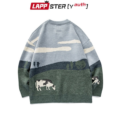 LAPPSTER-Youth Men Cows Vintage Winter Sweaters 2022 Pullover Mens O-Neck Korean Fashions Sweater Women Casual Harajuku Clothes