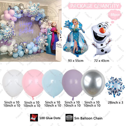 88pcs Disney Frozen Theme Balloons Garland Arch Kit Olaf Elsa Princess Aluminium Foil Balloons Snowflake Birthday Party Decors