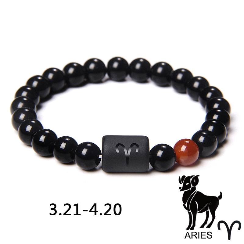 12 Constellation Zodiac Signs Beads Couples Bracelet Natural Black Onyx Stone Elastic Charm Bracelet for Women Men Birthday Gift