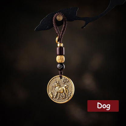 Zodiac Animal Tag Car Keychain Lanyard Pendants Brass Rat Bull Tiger Rabbit Dragon Snake Horse Monkey Dog Handmade Rope Hangings