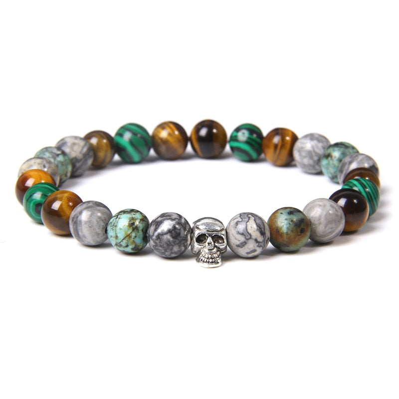 Skull Bracelets For Men Women Natural Stone Tiger Eye Bracelet Malachite Labradorite 8MM Beads Stretch Bangles Punk Jewelry