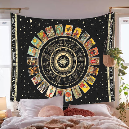 Mandala Tarot Card Tapestry Wheel of the Zodiac Astrology Chart &amp; the Major Arcana Tarot Sun and Moon Wall Hanging Home Decor