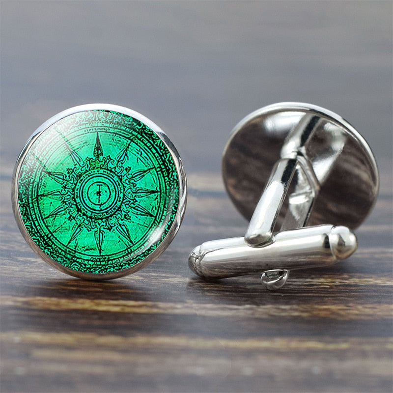 Compass Cuff Links Vintage Compass Clock Sailboat Pattern Alloy Cuff Links for Men Gift Glass Cabochon (It&#39;s Not A Real Compass)