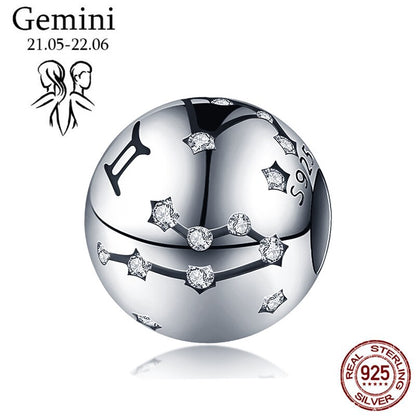 WOSTU 925 Sterling Silver Constellation Zodiac Bead Charm Aquarius Star Sign Fit Original Bracelet Women DIY Jewelry Party Gift