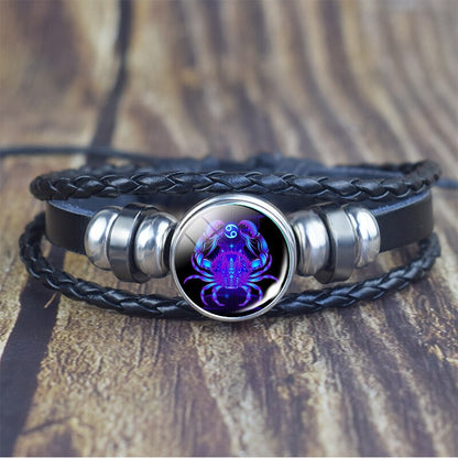 12 Zodiac Signs Glass Dome Leather Bracelet Fashion Jewelry for Couple Aries Taurus Leo Cancer Aquarius Pisces Bangle Bracelet