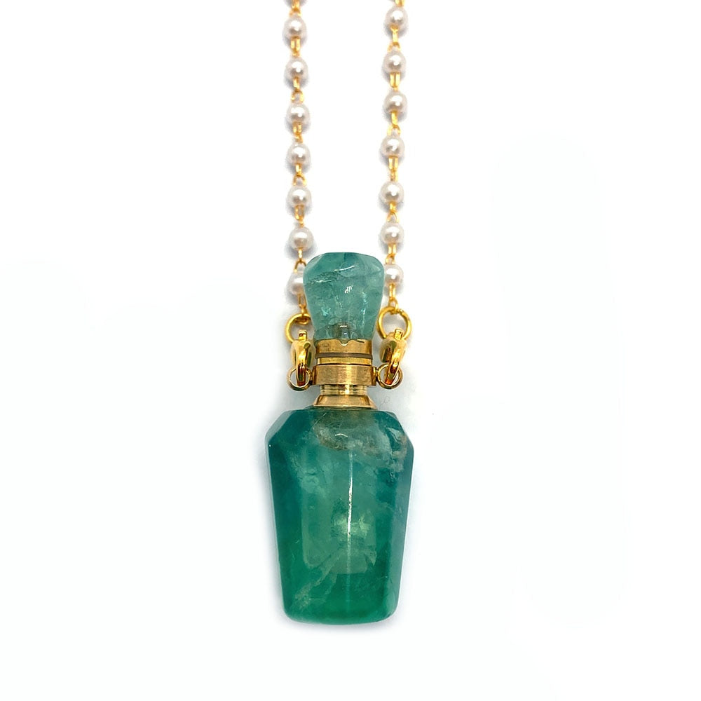 Natural Stone Green Fluorite Perfume Bottle Fashion Necklace Turquoise Two-hole Pendant Aromatherapy Bottle Essential Oil Bottle