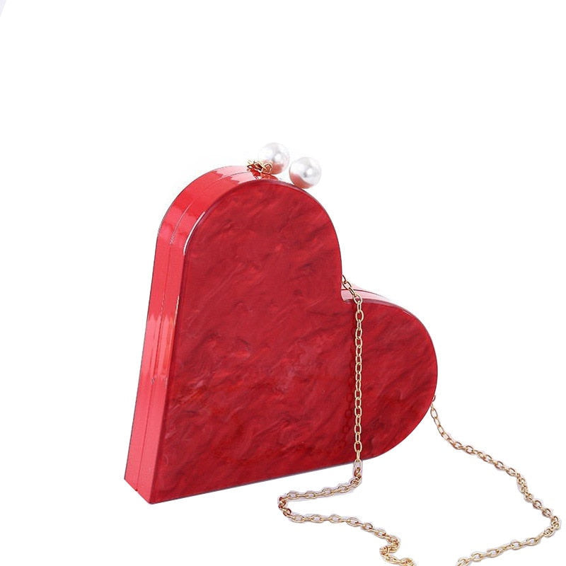 Unique Designer Acrylic Clutch Fashion Cute Red Heart Shape Pearl Chain Party Evening bag Women Shoulder Bags Hot Handbag Purses