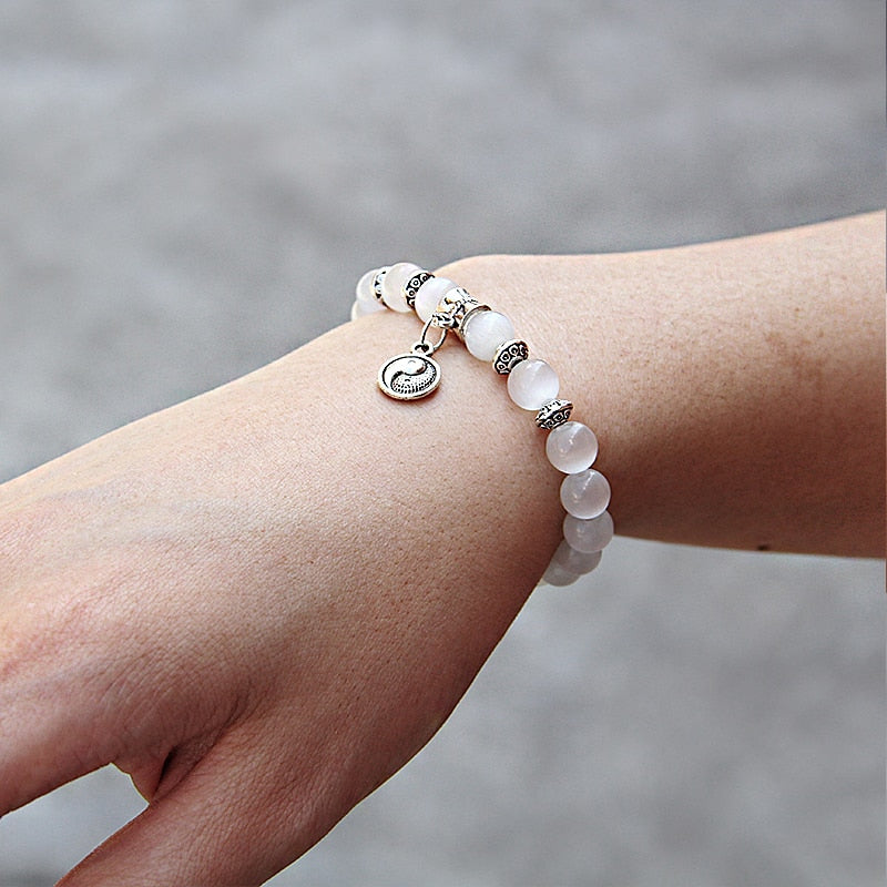 Fashion White Cat Eye Stone Beads Bracelet For Women Jewelry Men Animal Charm Bracelets Natural Stone Beaded Bracelets Shiny