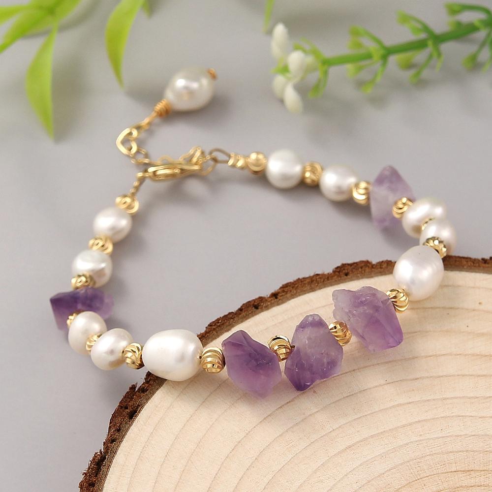 Coeufuedy Freshwater Pearl Bracelet for Women Natural Amethyst  Bracelet Party White Pearl Stone Beads Bracelets Fine Jewelry