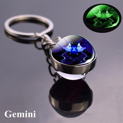 12 Constellation Luminous Keychain Glass Ball Pendant Zodiac Keychain Glow In The Dark Key Chain Holder Men Women Birthday Gift