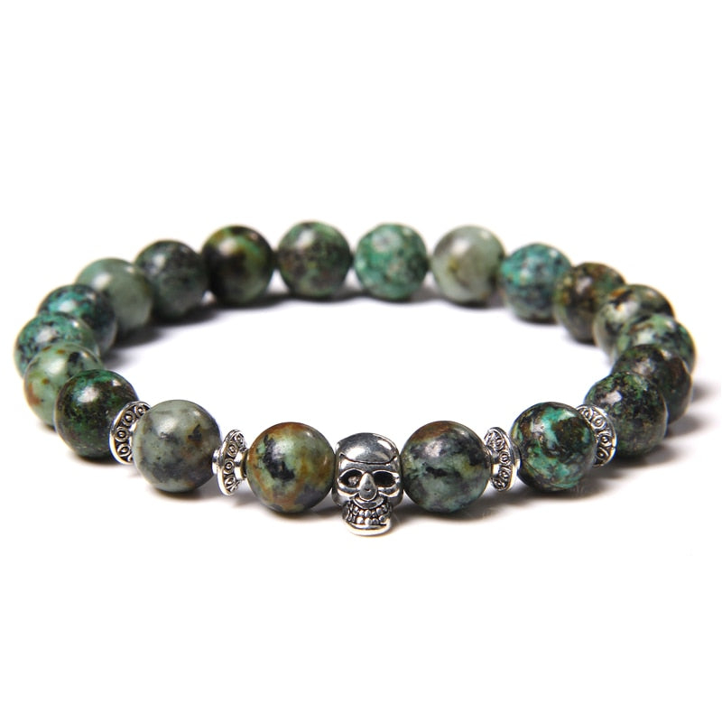 Skull Bracelets For Men Women Natural Stone Tiger Eye Bracelet Malachite Labradorite 8MM Beads Stretch Bangles Punk Jewelry