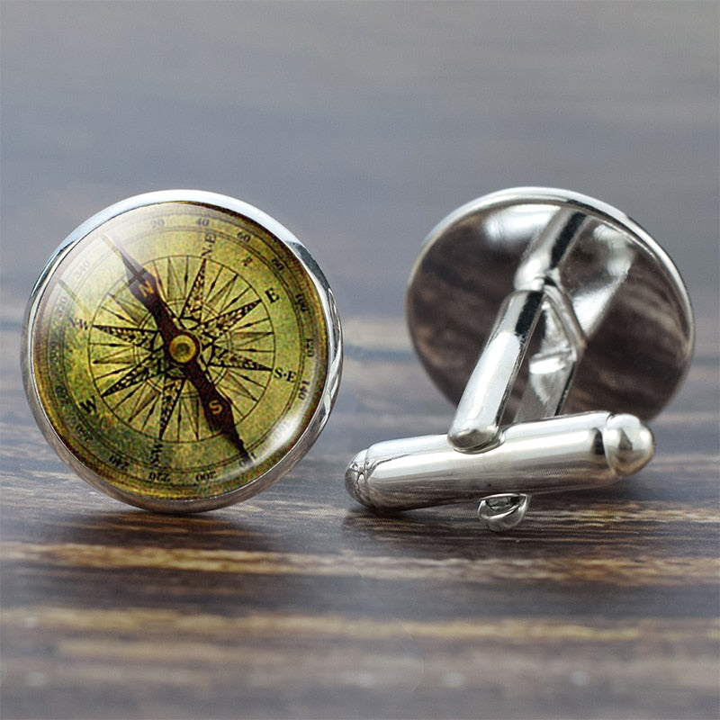 Compass Cuff Links Vintage Compass Clock Sailboat Pattern Alloy Cuff Links for Men Gift Glass Cabochon (It&#39;s Not A Real Compass)