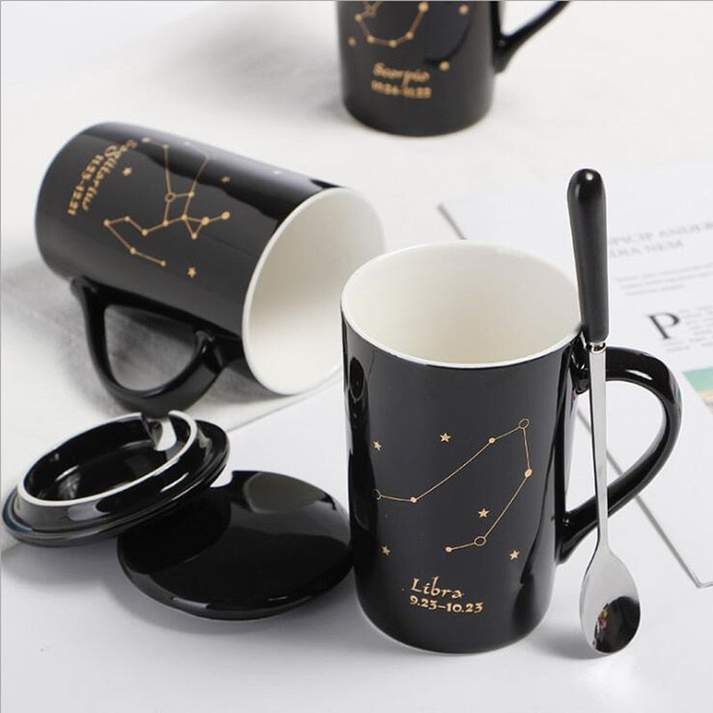 With Gift Box 12 Constellations Creative Ceramic Mugs with Spoon Lid Black and Gold Porcelain Zodiac Milk Coffee Cup 400ML Water