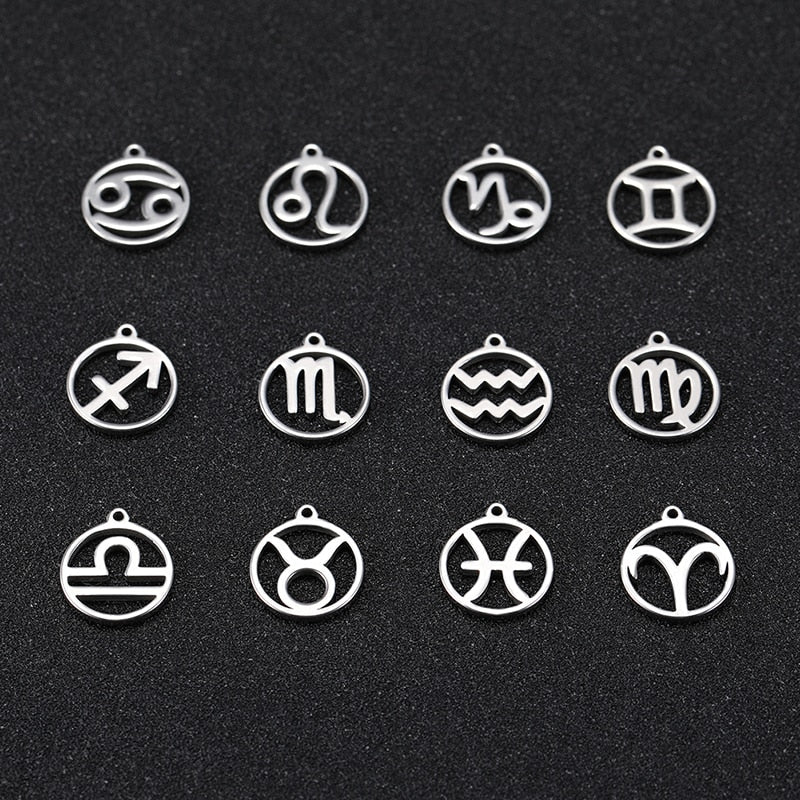 Teamer 12pcs Zodiac Floating Charms Stainless Steel Gemini Aries Libra Taurus Twelve Constellation Pendant  for Jewelry Making