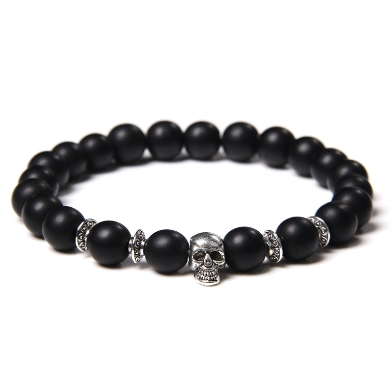 Skull Bracelets For Men Women Natural Stone Tiger Eye Bracelet Malachite Labradorite 8MM Beads Stretch Bangles Punk Jewelry