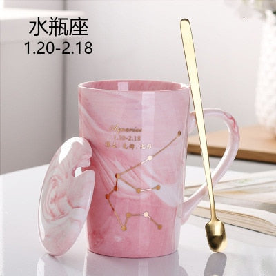 Natural Marble 12 Constellation Ceramic Pink Zodiac Mug With Lid Coffee Mugs Creative Personality Cup 380ml Cups And Mugs Xicara