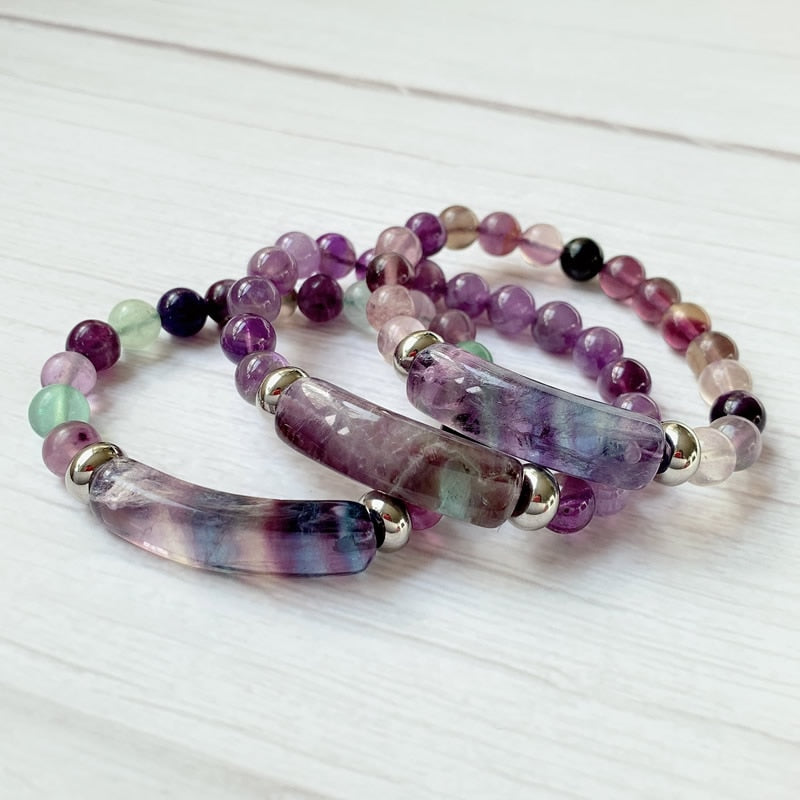 Natural Stone Strand Beads Bracelet Reiki Healing Amethysts Purple Green Fluorite Quartz Crystal Rectangle Bar Charms Bracelets