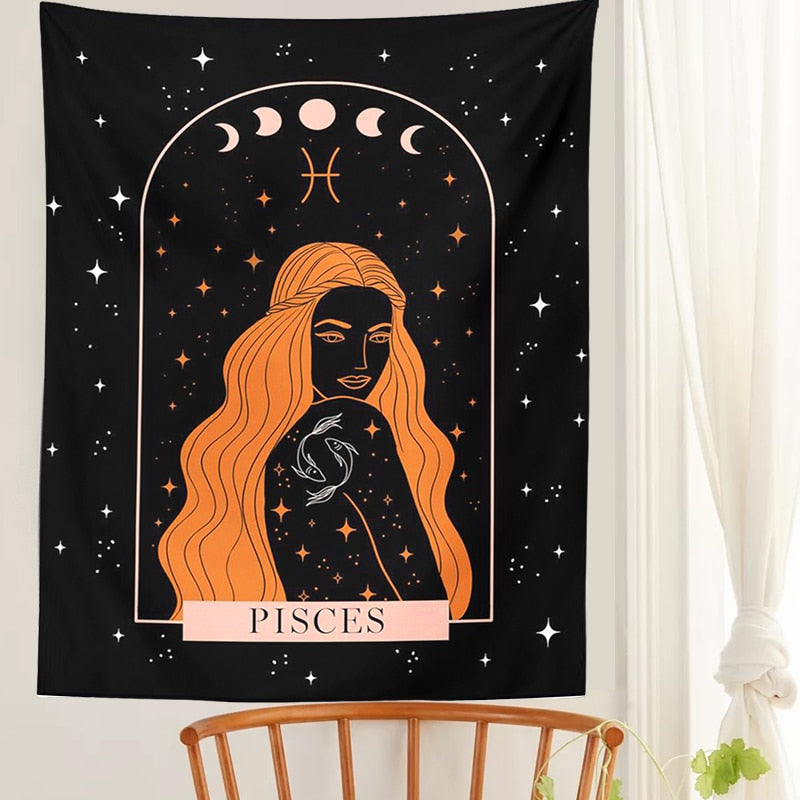 Tarot Constellation Tapestry Wall Hanging Moon Phase Tapestry Divination Beach Mat Sun Moon Constellations black Wall Decor