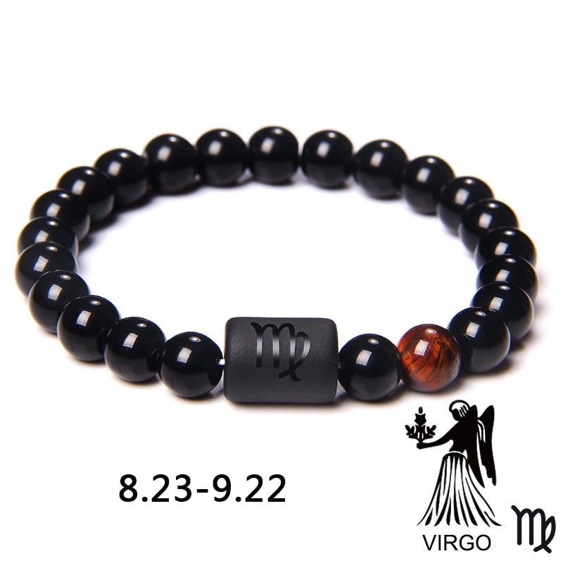 12 Constellation Zodiac Signs Beads Couples Bracelet Natural Black Onyx Stone Elastic Charm Bracelet for Women Men Birthday Gift