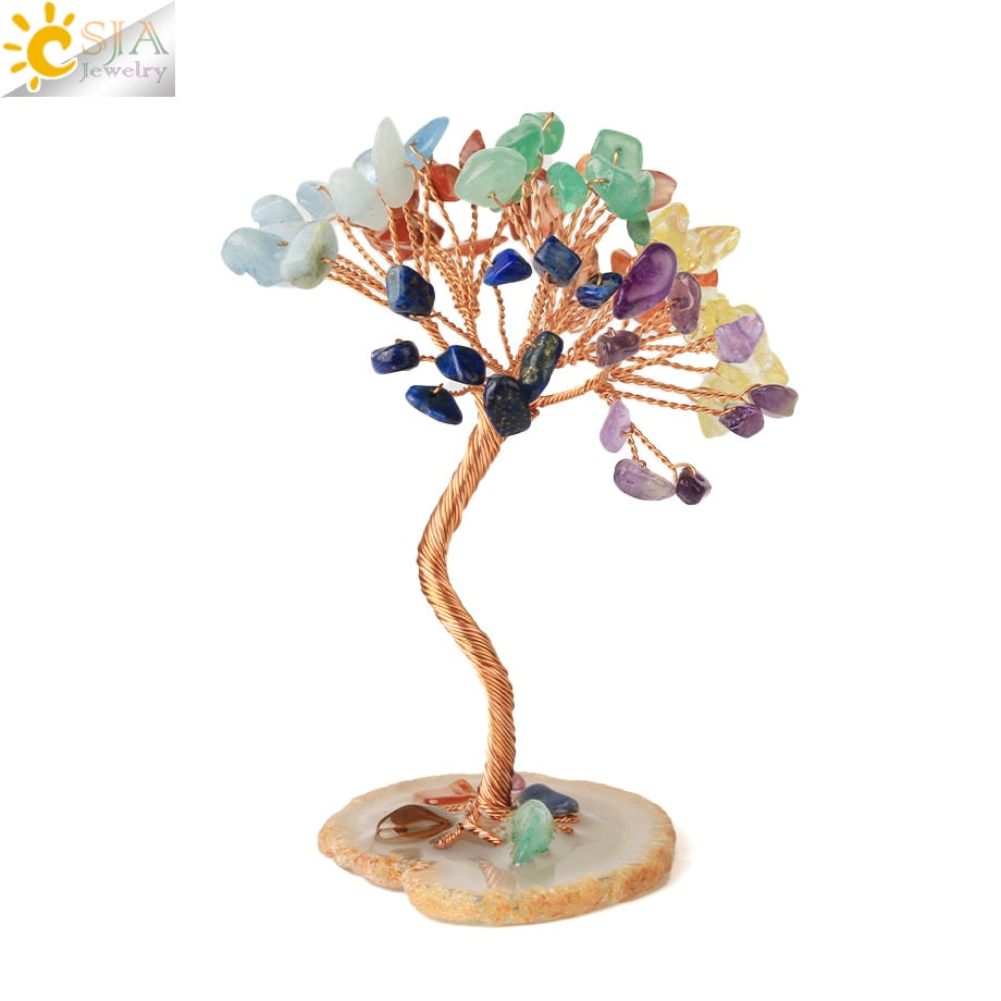 CSJA 7 Chakras Tree of Life Decoration Rose Natural Chip Crystal Handmade Healing Luck Money Trees Feng Shui Home Office  G822