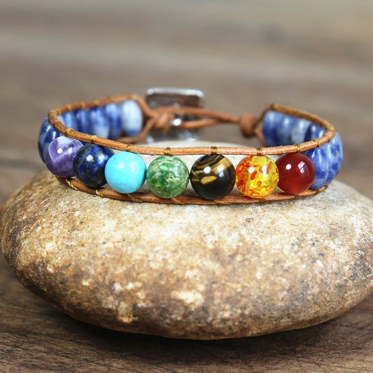 7 Chakra Stone Leather Bracelet for Women Men Handmade Jewelry Blue Dot Beaded String Wrap Charm Bracelet Dropship