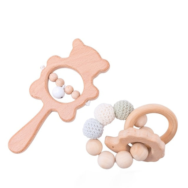 1set Baby Toys Wooden Rattle Bear Shape Hand Teething Baby Teether Musical Pacifier Chain Montessori Educational Stroller Toys