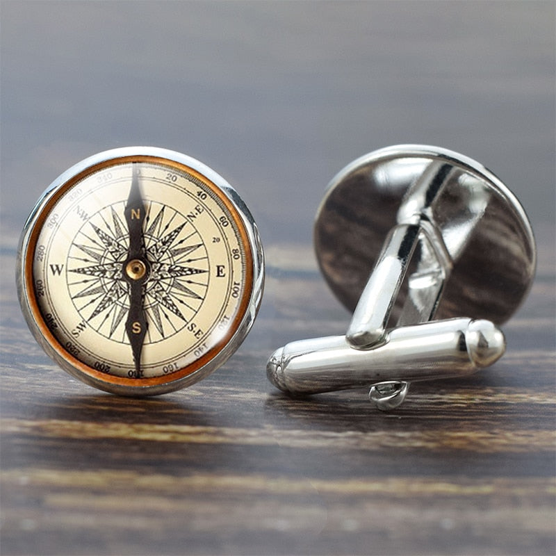 Compass Cuff Links Vintage Compass Clock Sailboat Pattern Alloy Cuff Links for Men Gift Glass Cabochon (It&#39;s Not A Real Compass)