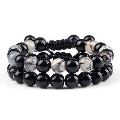 2pcs Men Shiny Black Natural Stone Beaded Bracelets Multicolor Tiger Eye Stone Obsidian Onyx Beads Bracelets Women Yoga Jewelry