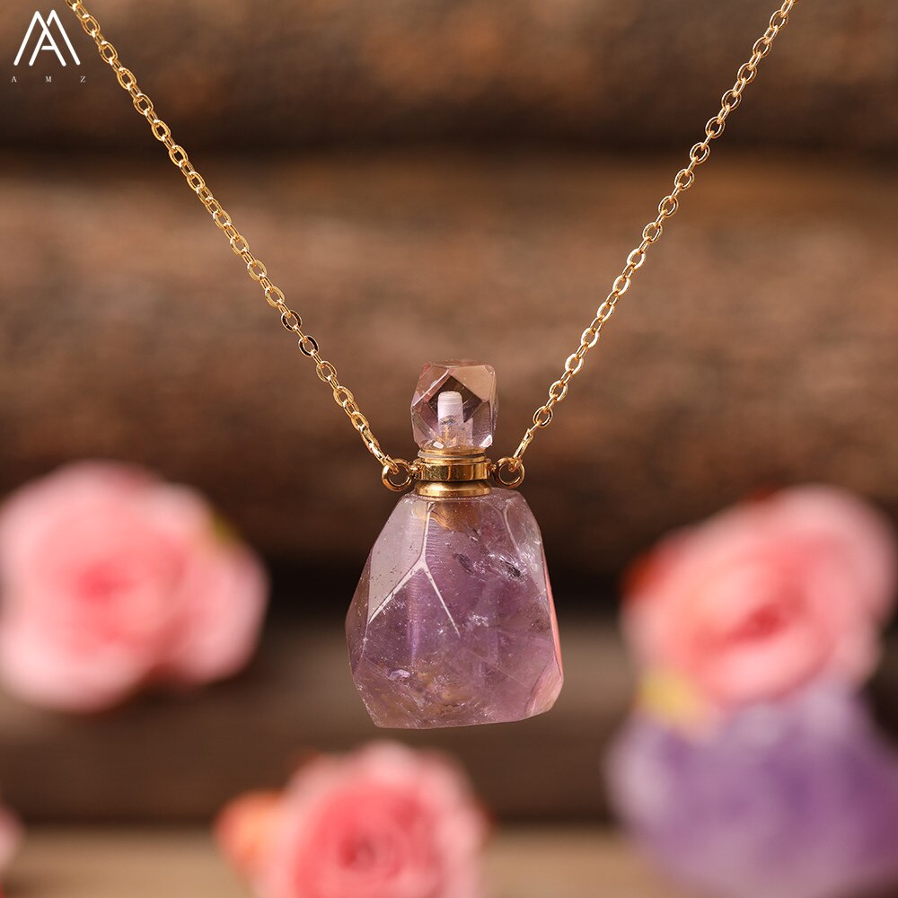 Natural Purple Agates Smoky Color Quartz Rainbow Fluorite Stone Gold Perfume Bottle Pendant For Necklace Making Women Jewelry